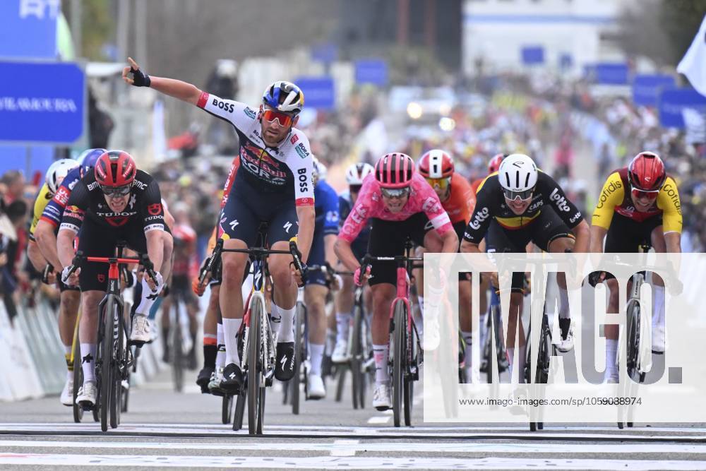 2025 Volta Algarve cycling race - Stage 3 TAVIRA, PORTUGAL - FEBRUARY 21 : Meeus Jordi (BEL) of Red Bull - Bora - Hansgrohe wins, Dainese Alberto (ITA) of Tudor Pro Cycling Team, Girmay Biniam (ERI) of Intermarche - Wanty, De Lie Arnaud (BEL) of Lotto Cycling Team, Van Uden Casper (NED) of Team Picnic PostNL during stage 3 of the 51th edition of the Volta Algarve cycling race, with start in Vila Real Santo Antonio and finish in Tavira on February 21, 2025 in Tavira, Portugal, 21 02 2025 ( Motordriver Kenny Verfaillie - Tavira Portugal