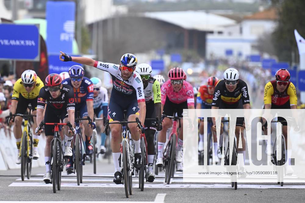 2025 Volta Algarve cycling race - Stage 3 TAVIRA, PORTUGAL - FEBRUARY 21 : Meeus Jordi (BEL) of Red Bull - Bora - Hansgrohe wins, Dainese Alberto (ITA) of Tudor Pro Cycling Team, Girmay Biniam (ERI) of Intermarche - Wanty, De Lie Arnaud (BEL) of Lotto Cycling Team, Van Uden Casper (NED) of Team Picnic PostNL, Fretin Milan (FRA) of Cofidis during stage 3 of the 51th edition of the Volta Algarve cycling race, with start in Vila Real Santo Antonio and finish in Tavira on February 21, 2025 in Tavira, Portugal, 21 02 2025 ( Motordriver Kenny Verfaillie - Tavira Portugal