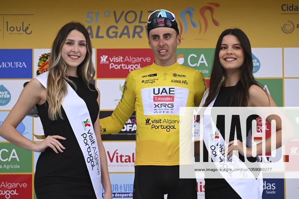 2025 Volta Algarve cycling race - Stage 3 TAVIRA, PORTUGAL - FEBRUARY 21 : Christen Jan (SUI) of UAE Team Emirates pictured with the yellow jersey during the podium ceremony of stage 3 of the 51th edition of the Volta Algarve cycling race, with start in Vila Real Santo Antonio and finish in Tavira on February 21, 2025 in Tavira, Portugal, 21 02 2025 ( Motordriver Kenny Verfaillie - Tavira Portugal