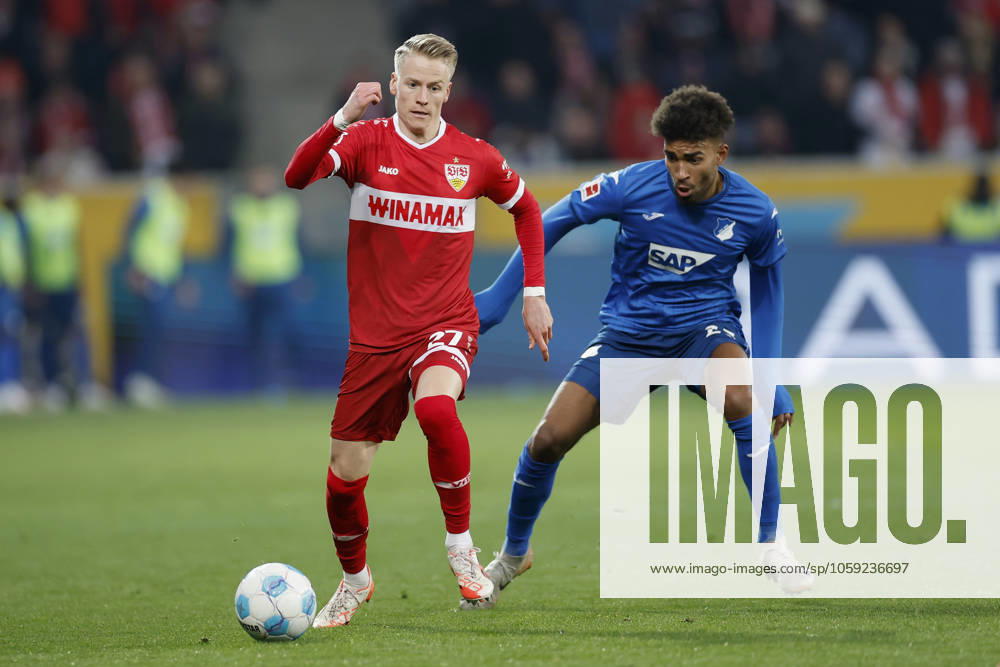 Im Bild: v.l. Chris Fuehrich (VFB Stuttgart, 27) und Kevin Akpoguma (TSG Hoffenheim, 25), 23.02.2025, Fussball, Bundesliga, TSG Hoffenheim - VfB Stuttgart, GER, Sinsheim, PreZero Arena, DFL REGULATIONS PROHIBIT ANY USE OF PHOTOGRAPHS AS IMAGE SEQUENCES AND OR QUASI-VIDEO.