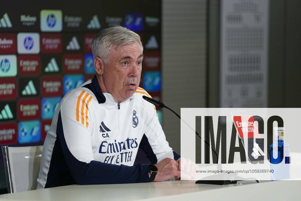 Carlo Ancelotti attends his press conference, PK, Pressekonferenz during the training day of Real Madrid ahead the Spanish Cup, Copa del Rey, football match against Real Sociedad at Ciudad Deportiva Real Madrid on February 25, 2024, in Valdebebas, Madrid, Spain. Valdebebas SPAIN - ZUMArain 20250225_zaa_a181_034