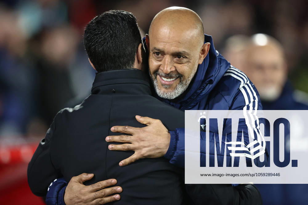 Premier League Nottingham Forest v Arsenal Nuno Espirito Santo manager of Nottingham Forest embraces Mikel Arteta manager of Arsenal as he welcomes him to the City Ground during the Premier League match Nottingham Forest vs Arsenal at City Ground, Nottingham, United Kingdom, 26th February 2025 (Photo by Alfie Cosgrove News Images) Nottingham City Ground Nottinghamshire United Kingdom
