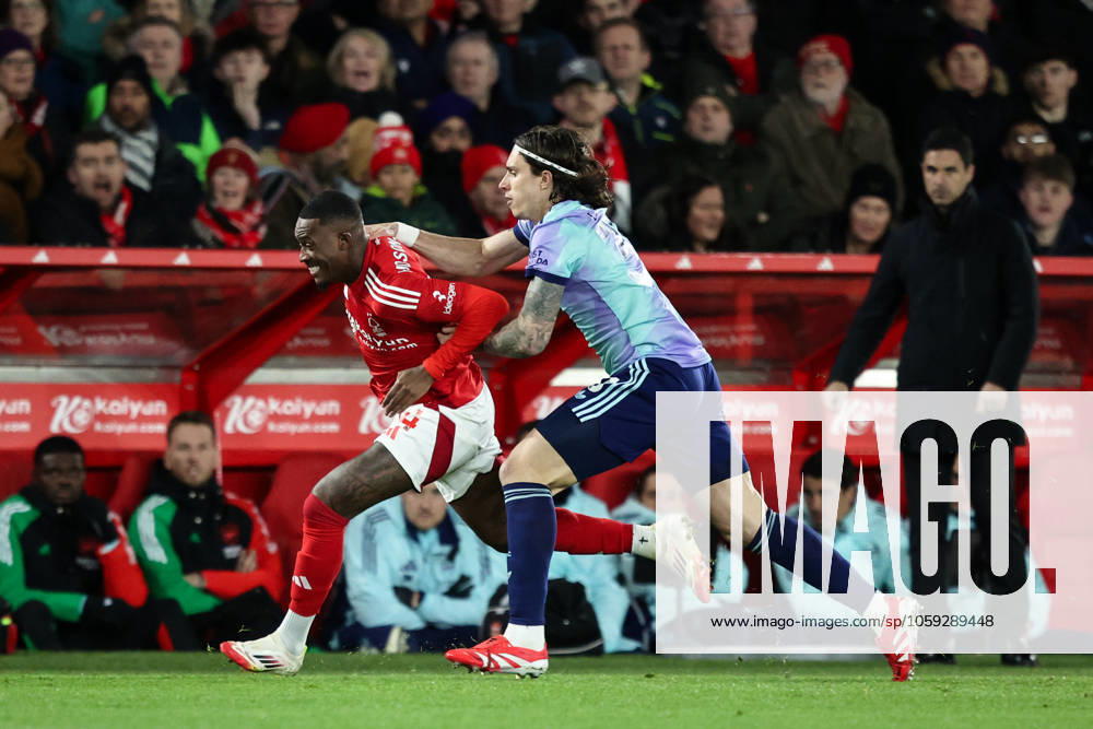 Premier League Nottingham Forest v Arsenal Callum Hudson-Odoi of Nottingham Forest is fouled by Riccardo Calafiori of Arsenal during the Premier League match Nottingham Forest vs Arsenal at City Ground, Nottingham, United Kingdom, 26th February 2025 (Photo by Alfie Cosgrove News Images) Nottingham City Ground Nottinghamshire United Kingdom