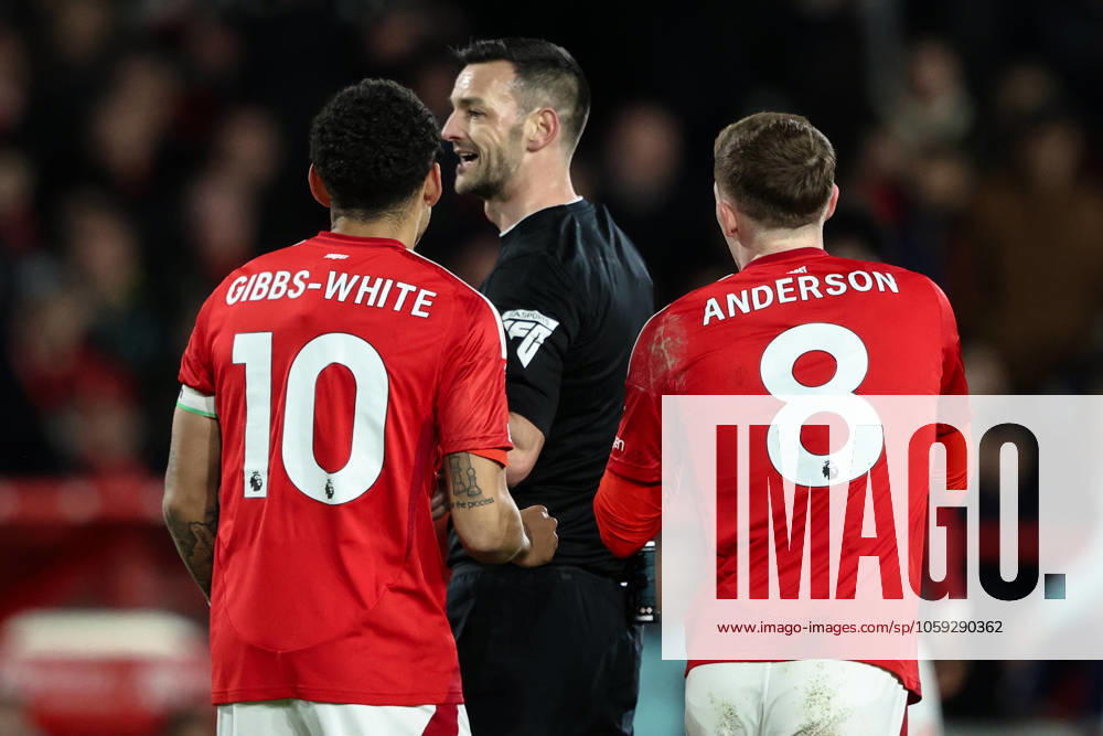 Premier League Nottingham Forest v Arsenal Morgan Gibbs-White and Elliot Anderson of Nottingham Forest reacts to referee Andy Madley during the Premier League match Nottingham Forest vs Arsenal at City Ground, Nottingham, United Kingdom, 26th February 2025 (Photo by Alfie Cosgrove News Images) Nottingham City Ground Nottinghamshire United Kingdom