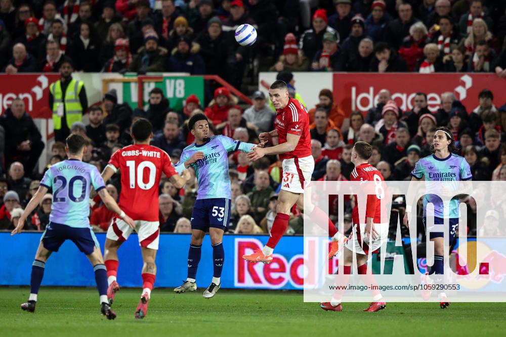 Premier League Nottingham Forest v Arsenal Nikola Milenković of Nottingham Forest heads the ball clear of his defensive area during the Premier League match Nottingham Forest vs Arsenal at City Ground, Nottingham, United Kingdom, 26th February 2025 (Photo by Alfie Cosgrove News Images) Nottingham City Ground Nottinghamshire United Kingdom