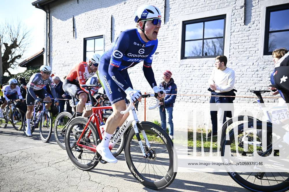 Swiss Stefan Kung of Groupama-FDJ pictured in action during the men s one-day cycling race Omloop Het Nieuwsblad (UCI World Tour), 197 km from Gent to Ninove, Saturday 01 March 2025. JASPERxJACOBS x113843006x