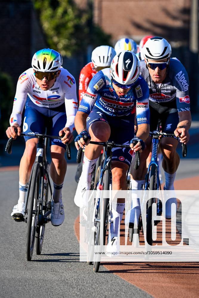 French Thomas Gachignard of TotalEnergies, Slovenian Martin Svrcek of Soudal Quick-Step and New Zealander Sam Gaze of Alpecin-Deceuninck pictured in action during the Ename Samyn Classic one day cycling race, 199,1km from Quaregnon to Dour on Tuesday 04 March 2025. TOM GOYVAERTS TomxGoyvaerts x114220293x