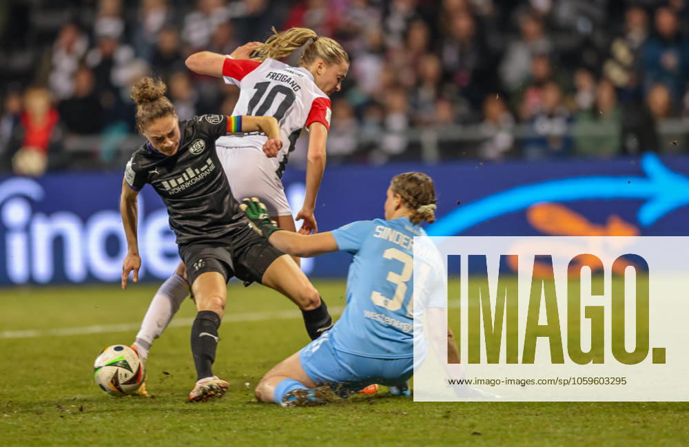 GER, Frankfurt, Eintracht Frankfurt vs SGS Essen, Google Pixel Bundesliga, Fussball, DFB, Spielzeit 2024 2025, Stadion am Bretanobad, 16. Spieltag, im Bild v.l.: Jacqueline Meißner (SGS ESSEN 16), Laura Freigang (Eintracht Frankfurt Frauen 10), Kim-Lea Sindermann (SGS ESSEN 12) DFB DFL REGULATIONS PROHIBIT ANY USE OF PHOTOGRAPHS AS IMAGE SEQUENCES AND OR QUASI-VIDEO, 07.03.2025,