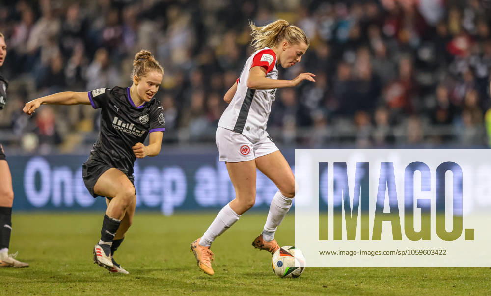 GER, Frankfurt, Eintracht Frankfurt vs SGS Essen, Google Pixel Bundesliga, Fussball, DFB, Spielzeit 2024 2025, Stadion am Bretanobad, 16. Spieltag, im Bild v.l.: Jacqueline Meißner (SGS ESSEN 16), Laura Freigang (Eintracht Frankfurt Frauen 10) DFB DFL REGULATIONS PROHIBIT ANY USE OF PHOTOGRAPHS AS IMAGE SEQUENCES AND OR QUASI-VIDEO, 07.03.2025,