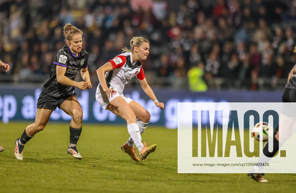 GER, Frankfurt, Eintracht Frankfurt vs SGS Essen, Google Pixel Bundesliga, Fussball, DFB, Spielzeit 2024 2025, Stadion am Bretanobad, 16. Spieltag, im Bild v.l.: Jacqueline Meißner (SGS ESSEN 16), Laura Freigang (Eintracht Frankfurt Frauen 10) DFB DFL REGULATIONS PROHIBIT ANY USE OF PHOTOGRAPHS AS IMAGE SEQUENCES AND OR QUASI-VIDEO, 07.03.2025,