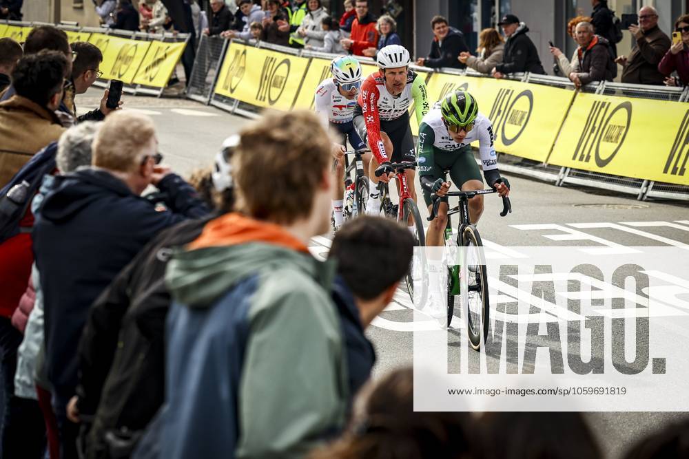 French Alexandre Delettre of TotalEnergies, Dutch Taco Van der Hoorn of Intermarche-Wanty and Spanish Samuel Fernandez of Caja Rural-Seguros RGA pictured in action during the first stage of 83th edition of the Paris-Nice cycling race, from and to Le Perray-en-Yvelines (156,5km), Sunday 09 March 2025. DAVIDxPINTENS x114554909x