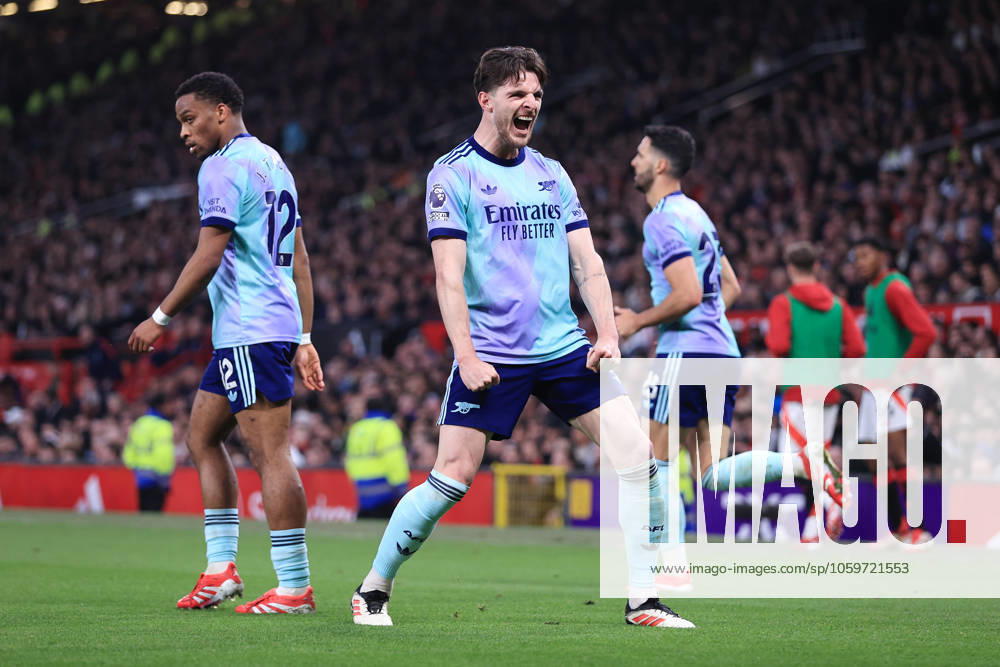 Manchester United, ManU FC v Arsenal FC - Premier League MANCHESTER, ENGLAND - MARCH 9: Declan Rice of Arsenal celebrates after scoring their 1st goal during the Premier League match between Manchester United FC and Arsenal FC at Old Trafford on March 9, 2025 in Manchester, England. (Photo by Simon Stacpoole Offside Offside via Getty Images) Manchester England United Kingdom