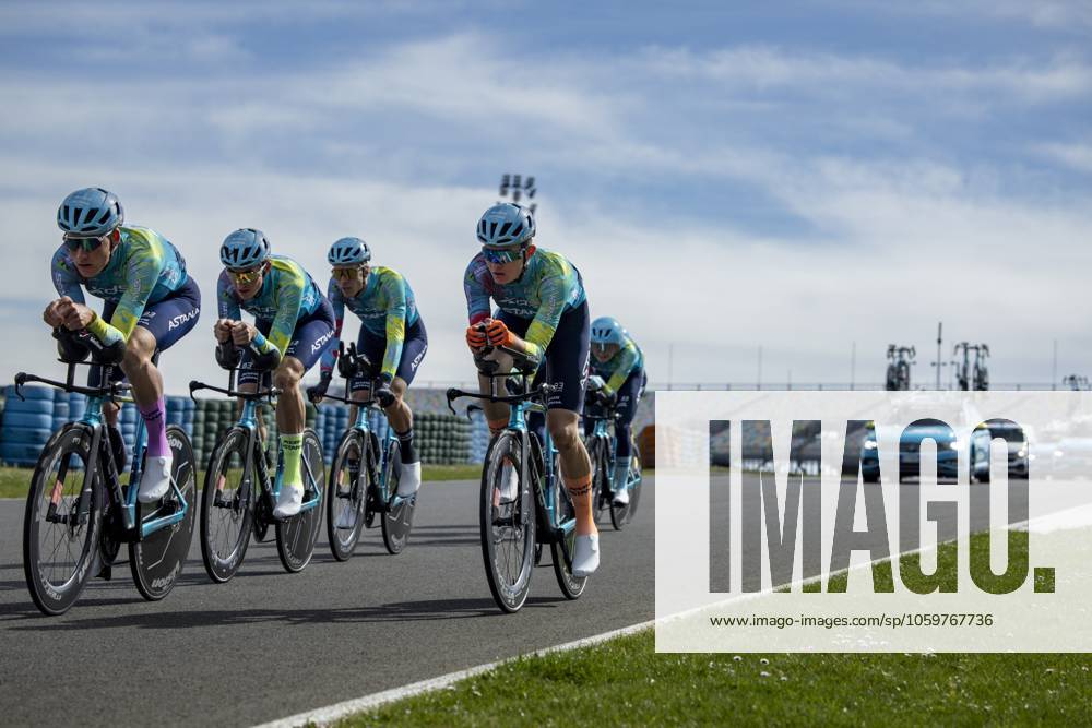 XDS Astana Team riders pictured during the warming up ahead of stage three of the 83th edition of the Paris-Nice cycling race, a 28,4km team time trial at the Nevers Magny-Cours racetrack, in Nevers, France, Tuesday 11 March 2025. DAVIDxPINTENS x114676070x
