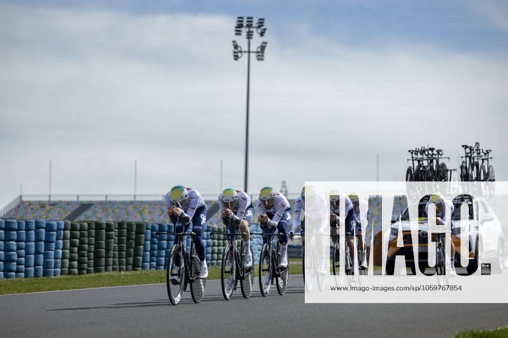 TotalEnergies riders pictured during the warming up ahead of stage three of the 83th edition of the Paris-Nice cycling race, a 28,4km team time trial at the Nevers Magny-Cours racetrack, in Nevers, France, Tuesday 11 March 2025. DAVIDxPINTENS x114676832x