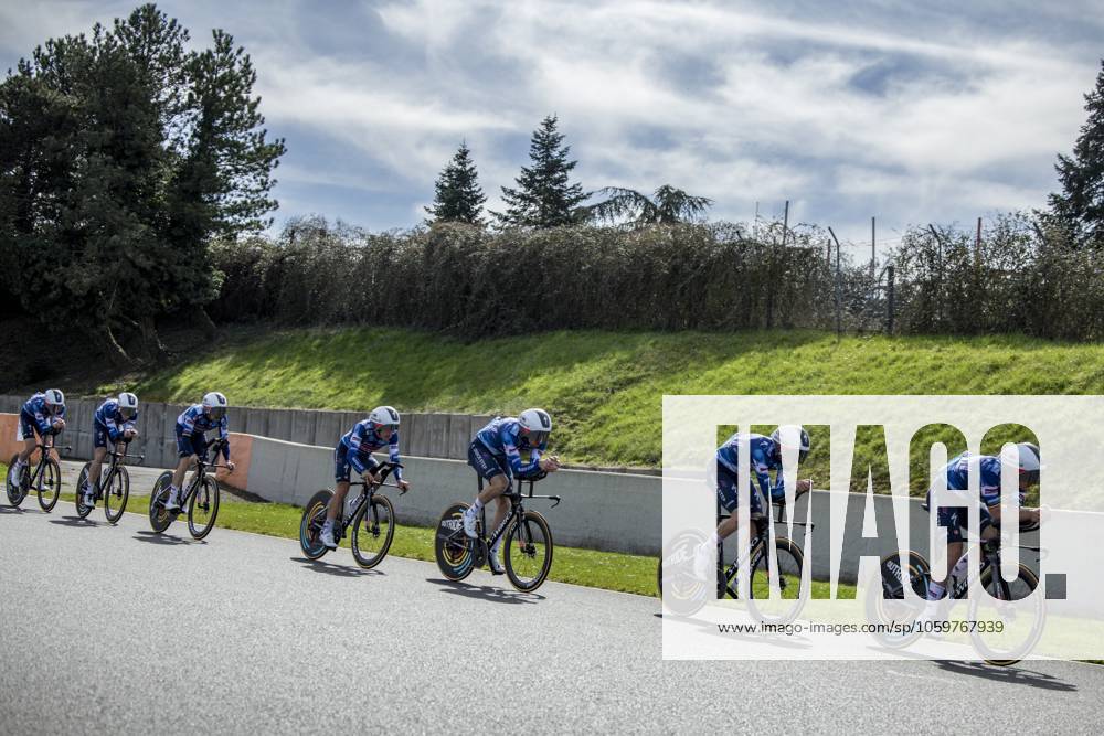 Soudal Quick-Step riders pictured during the warming up ahead of stage three of the 83th edition of the Paris-Nice cycling race, a 28,4km team time trial at the Nevers Magny-Cours racetrack, in Nevers, France, Tuesday 11 March 2025. DAVIDxPINTENS x114676914x