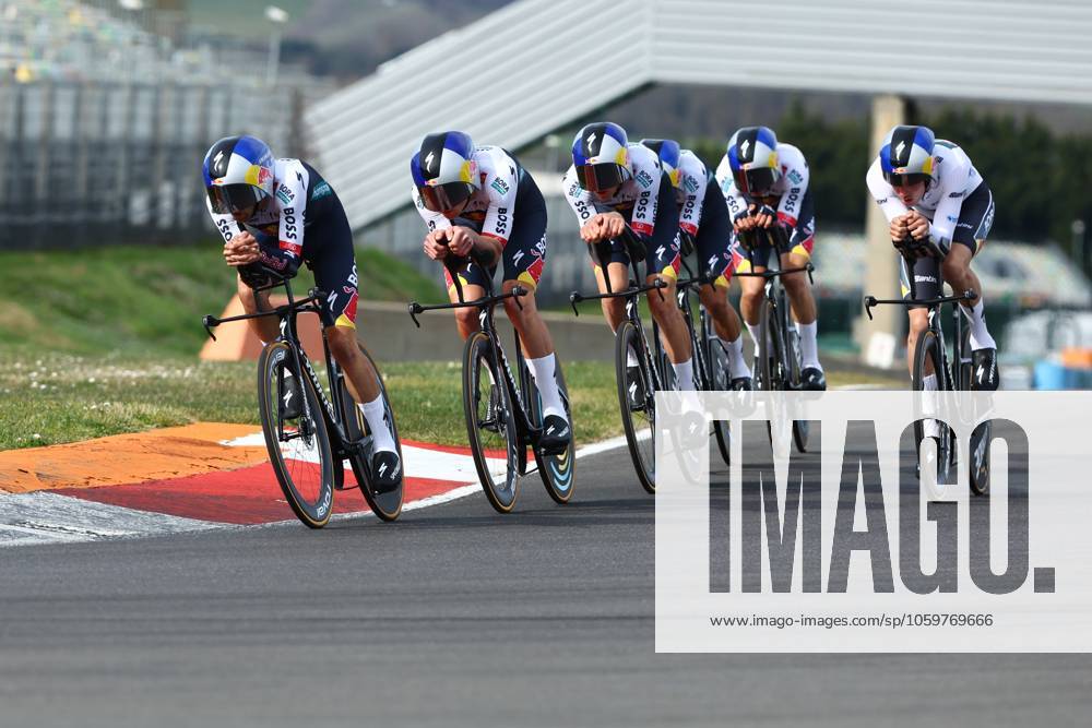 RedBull-BORA-hansgrohe riders pictured in action during stage three of the 83th edition of the Paris-Nice cycling race, a 28,4km team time trial at the Nevers Magny-Cours racetrack, in Nevers, France, Tuesday 11 March 2025. DAVIDxPINTENS x114681522x