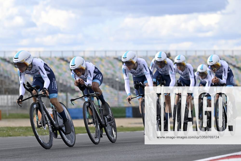 Paris - Nice 2025 - stage 3 NEVERS, FRANCE - MARCH 11 : team Bahrain - Victorious during stage 3 of the 83th edition of the Paris - Nice cycling race, a team time-trail stage of 28,4km with start on the Circuit Magny-Cours and finish in Nevers on March 11, 2025 in Nevers, France, 11 03 2025 ( Motordriver Kenny Verfaillie - Nevers France