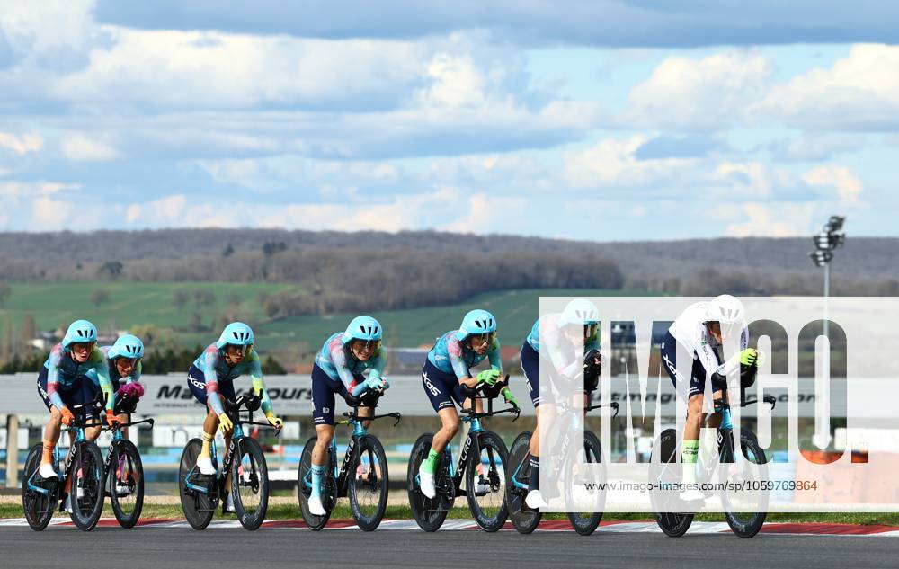 XDS Astana Team riders pictured in action during stage three of the 83th edition of the Paris-Nice cycling race, a 28,4km team time trial at the Nevers Magny-Cours racetrack, in Nevers, France, Tuesday 11 March 2025. DAVIDxPINTENS x114683087x