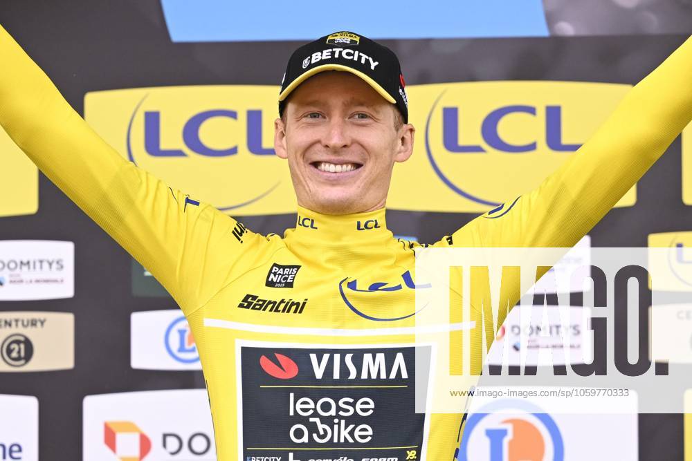Paris - Nice 2025 - stage 3 NEVERS, FRANCE - MARCH 11 : Jorgenson Matteo (USA) of Team Visma Lease A Bike pictured with the yellow jersey during the podium ceremony of stage 3 of the 83th edition of the Paris - Nice cycling race, a team time-trail stage of 28,4km with start on the Circuit Magny-Cours and finish in Nevers on March 11, 2025 in Nevers, France, 11 03 2025 ( Motordriver Kenny Verfaillie - Nevers France