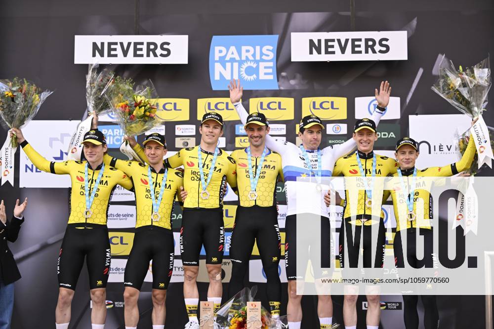 Paris - Nice 2025 - stage 3 NEVERS, FRANCE - MARCH 11 : Jorgenson Matteo (USA) of Team Visma Lease A Bike, Affini Edoardo (ITA) of Team Visma Lease A Bike, Campenaerts Victor (BEL) of Team Visma Lease A Bike, Hagenes Per Strand (NOR) of Team Visma Lease A Bike, Lemmen Bart (NED) of Team Visma Lease A Bike, Vingegaard Jonas (DEN) of Team Visma Lease A Bike, Zingle Axel (FRA) of Team Visma Lease A Bike pictured during the podium ceremony of stage 3 of the 83th edition of the Paris - Nice cycling race, a team time-trail stage of 28,4km with start on the Circuit Magny-Cours and finish in Nevers on March 11, 2025 in Nevers, France, 11 03 2025 ( Motordriver Kenny Verfaillie - Nevers France