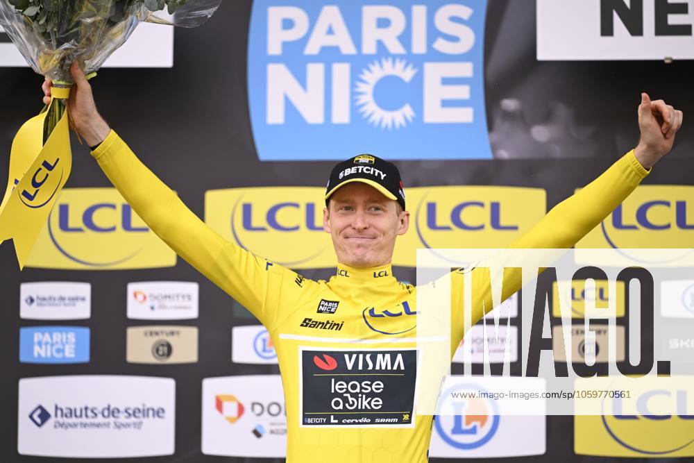 Paris - Nice 2025 - stage 3 NEVERS, FRANCE - MARCH 11 : Jorgenson Matteo (USA) of Team Visma Lease A Bike pictured with the yellow jersey during the podium ceremony of stage 3 of the 83th edition of the Paris - Nice cycling race, a team time-trail stage of 28,4km with start on the Circuit Magny-Cours and finish in Nevers on March 11, 2025 in Nevers, France, 11 03 2025 ( Motordriver Kenny Verfaillie - Nevers France