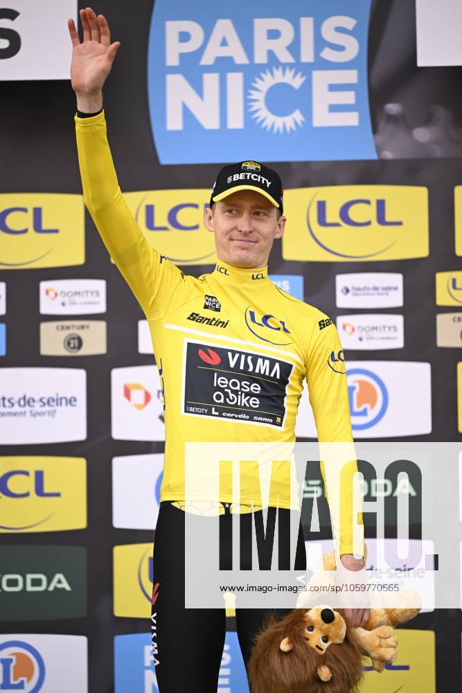 Paris - Nice 2025 - stage 3 NEVERS, FRANCE - MARCH 11 : Jorgenson Matteo (USA) of Team Visma Lease A Bike pictured with the yellow jersey during the podium ceremony of stage 3 of the 83th edition of the Paris - Nice cycling race, a team time-trail stage of 28,4km with start on the Circuit Magny-Cours and finish in Nevers on March 11, 2025 in Nevers, France, 11 03 2025 ( Motordriver Kenny Verfaillie - Nevers France