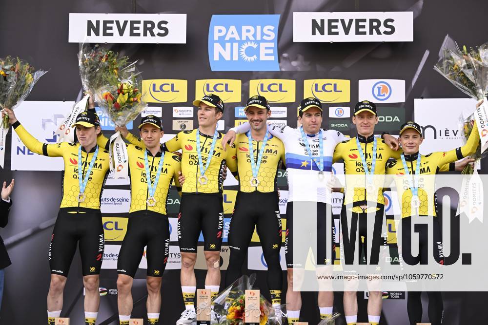 Paris - Nice 2025 - stage 3 NEVERS, FRANCE - MARCH 11 : Jorgenson Matteo (USA) of Team Visma Lease A Bike, Affini Edoardo (ITA) of Team Visma Lease A Bike, Campenaerts Victor (BEL) of Team Visma Lease A Bike, Hagenes Per Strand (NOR) of Team Visma Lease A Bike, Lemmen Bart (NED) of Team Visma Lease A Bike, Vingegaard Jonas (DEN) of Team Visma Lease A Bike, Zingle Axel (FRA) of Team Visma Lease A Bike pictured during the podium ceremony of stage 3 of the 83th edition of the Paris - Nice cycling race, a team time-trail stage of 28,4km with start on the Circuit Magny-Cours and finish in Nevers on March 11, 2025 in Nevers, France, 11 03 2025 ( Motordriver Kenny Verfaillie - Nevers France