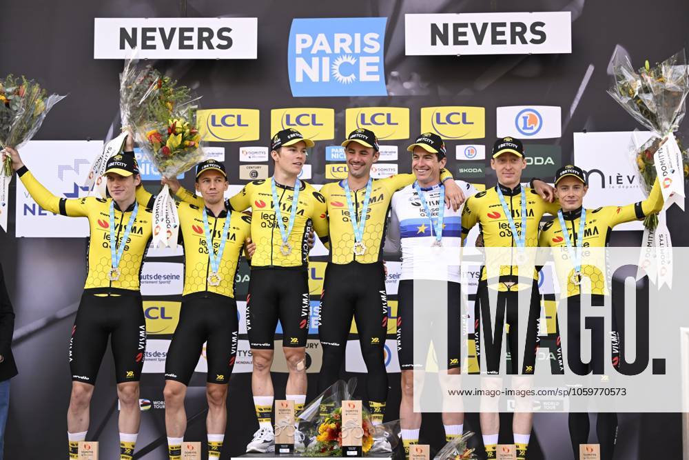 Paris - Nice 2025 - stage 3 NEVERS, FRANCE - MARCH 11 : Jorgenson Matteo (USA) of Team Visma Lease A Bike, Affini Edoardo (ITA) of Team Visma Lease A Bike, Campenaerts Victor (BEL) of Team Visma Lease A Bike, Hagenes Per Strand (NOR) of Team Visma Lease A Bike, Lemmen Bart (NED) of Team Visma Lease A Bike, Vingegaard Jonas (DEN) of Team Visma Lease A Bike, Zingle Axel (FRA) of Team Visma Lease A Bike pictured during the podium ceremony of stage 3 of the 83th edition of the Paris - Nice cycling race, a team time-trail stage of 28,4km with start on the Circuit Magny-Cours and finish in Nevers on March 11, 2025 in Nevers, France, 11 03 2025 ( Motordriver Kenny Verfaillie - Nevers France