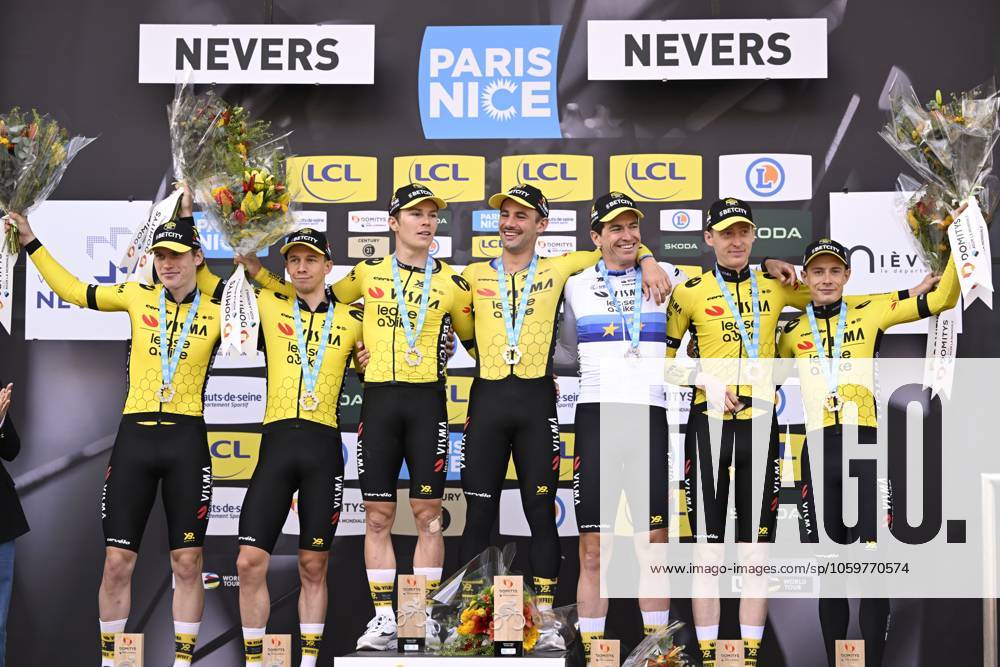 Paris - Nice 2025 - stage 3 NEVERS, FRANCE - MARCH 11 : Jorgenson Matteo (USA) of Team Visma Lease A Bike, Affini Edoardo (ITA) of Team Visma Lease A Bike, Campenaerts Victor (BEL) of Team Visma Lease A Bike, Hagenes Per Strand (NOR) of Team Visma Lease A Bike, Lemmen Bart (NED) of Team Visma Lease A Bike, Vingegaard Jonas (DEN) of Team Visma Lease A Bike, Zingle Axel (FRA) of Team Visma Lease A Bike pictured during the podium ceremony of stage 3 of the 83th edition of the Paris - Nice cycling race, a team time-trail stage of 28,4km with start on the Circuit Magny-Cours and finish in Nevers on March 11, 2025 in Nevers, France, 11 03 2025 ( Motordriver Kenny Verfaillie - Nevers France