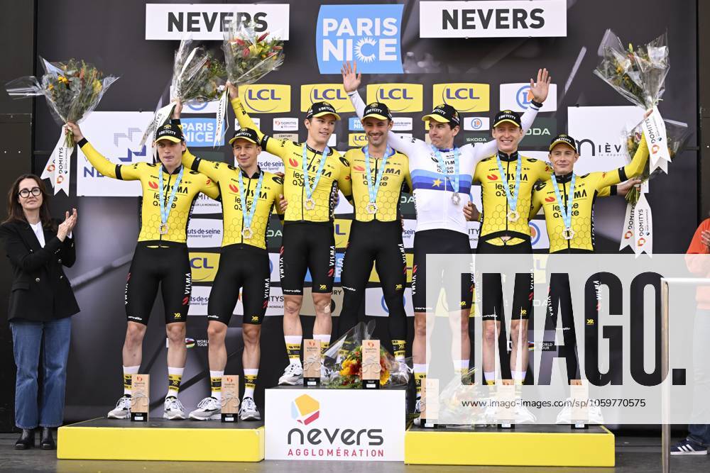 Paris - Nice 2025 - stage 3 NEVERS, FRANCE - MARCH 11 : Jorgenson Matteo (USA) of Team Visma Lease A Bike, Affini Edoardo (ITA) of Team Visma Lease A Bike, Campenaerts Victor (BEL) of Team Visma Lease A Bike, Hagenes Per Strand (NOR) of Team Visma Lease A Bike, Lemmen Bart (NED) of Team Visma Lease A Bike, Vingegaard Jonas (DEN) of Team Visma Lease A Bike, Zingle Axel (FRA) of Team Visma Lease A Bike pictured during the podium ceremony of stage 3 of the 83th edition of the Paris - Nice cycling race, a team time-trail stage of 28,4km with start on the Circuit Magny-Cours and finish in Nevers on March 11, 2025 in Nevers, France, 11 03 2025 ( Motordriver Kenny Verfaillie - Nevers France