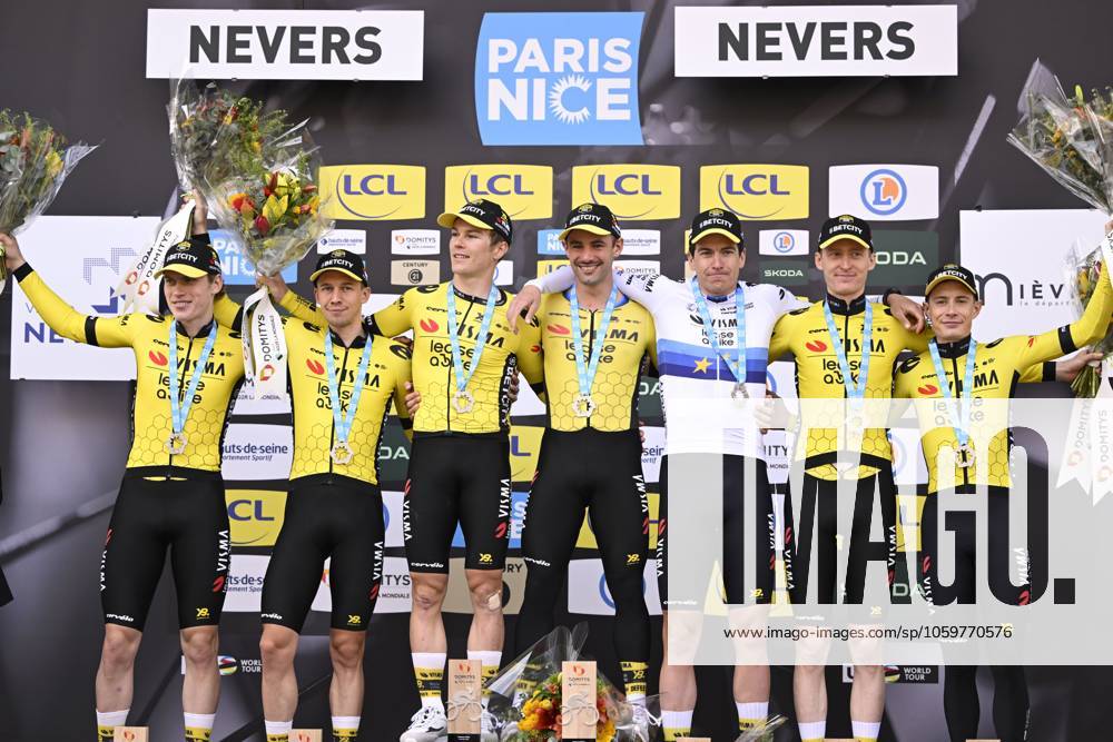 Paris - Nice 2025 - stage 3 NEVERS, FRANCE - MARCH 11 : Jorgenson Matteo (USA) of Team Visma Lease A Bike, Affini Edoardo (ITA) of Team Visma Lease A Bike, Campenaerts Victor (BEL) of Team Visma Lease A Bike, Hagenes Per Strand (NOR) of Team Visma Lease A Bike, Lemmen Bart (NED) of Team Visma Lease A Bike, Vingegaard Jonas (DEN) of Team Visma Lease A Bike, Zingle Axel (FRA) of Team Visma Lease A Bike pictured during the podium ceremony of stage 3 of the 83th edition of the Paris - Nice cycling race, a team time-trail stage of 28,4km with start on the Circuit Magny-Cours and finish in Nevers on March 11, 2025 in Nevers, France, 11 03 2025 ( Motordriver Kenny Verfaillie - Nevers France