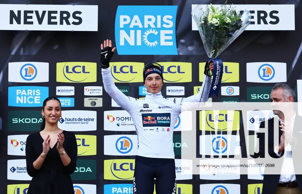 German Florian Lipowitz of RedBull-BORA-hansgrohe celebrates in the white jersey for best young rider after stage three of the 83th edition of the Paris-Nice cycling race, a 28,4km team time trial at the Nevers Magny-Cours racetrack, in Nevers, France, Tuesday 11 March 2025. DAVIDxPINTENS x114685303x
