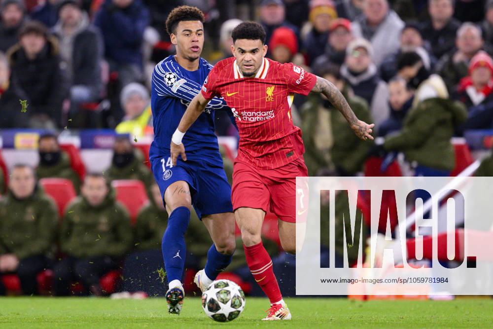 Liverpool FC v Paris Saint-Germain - UEFA Champions League 2024 25 Round of 16 Second Leg LIVERPOOL, ENGLAND - MARCH 11: Luis Dias of Liverpool (R) is chased by Desire Doue of Paris Saint Germain (L) during the UEFA Champions League 2024 25 Round of 16 Second Leg match between Liverpool FC and Paris Saint-Germain at Anfield on March 11, 2025 in Liverpool, England. LiverpoolUnited Kingdom