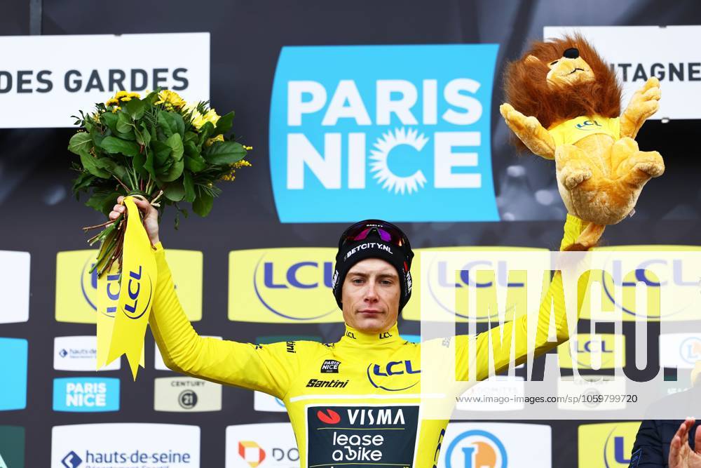Danish Jonas Vingegaard Hansen of Team Visma-Lease a Bike celebrates on the podium in the yellow jersey of leader in the overall ranking after stage four of the 83th edition of the Paris-Nice cycling race, 163,4km from Vichy to La Loge des Gardes, France, Wednesday 12 March 2025. DAVIDxPINTENS x114782077x