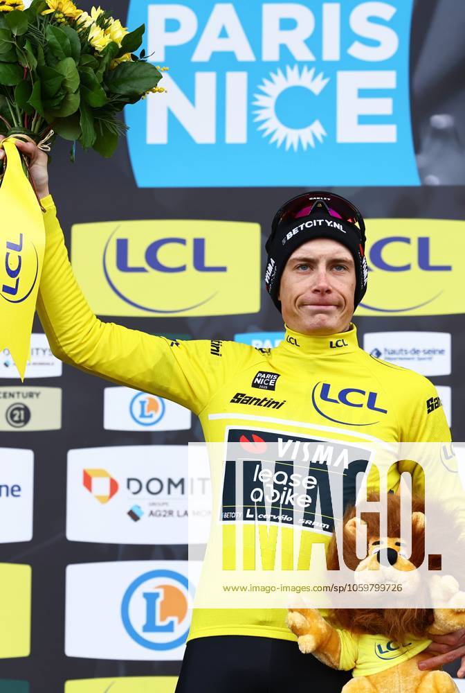 Danish Jonas Vingegaard Hansen of Team Visma-Lease a Bike celebrates on the podium in the yellow jersey of leader in the overall ranking after stage four of the 83th edition of the Paris-Nice cycling race, 163,4km from Vichy to La Loge des Gardes, France, Wednesday 12 March 2025. DAVIDxPINTENS x114782328x