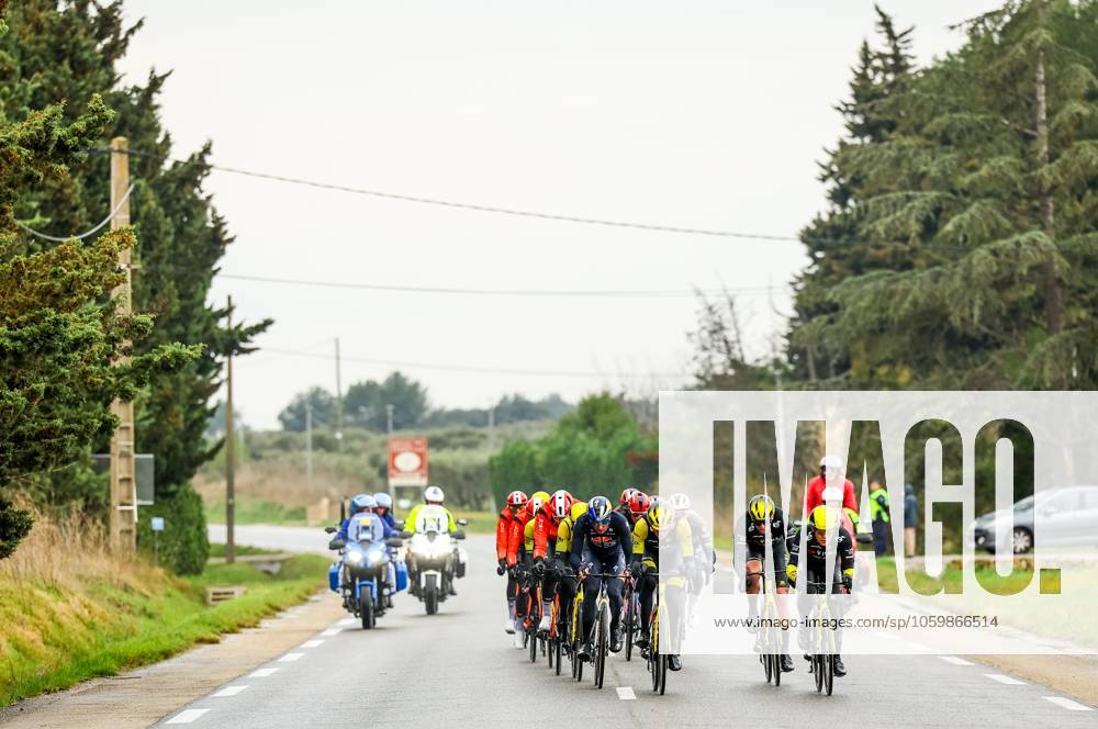 The pack of riders with American Matteo Jorgenson of Team Visma-Lease a Bike pictured in action during stage six of the 83th edition of the Paris-Nice cycling race, 209,8 km from Saint-Julien-en-Saint-Alban to Berre l Etang, France, Friday 14 March 2025. DAVIDxPINTENS x114936703x