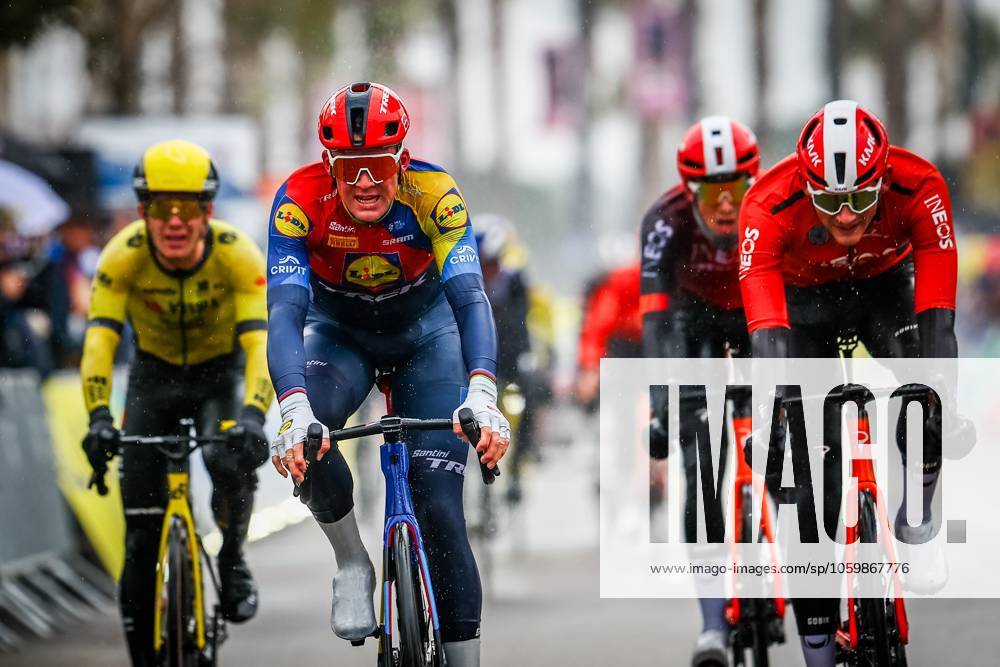 Danish Mads Pedersen of Lidl-Trek and British Michael Joshua Tarling of Ineos Grenadiers sprint to the finish of stage six of the 83th edition of the Paris-Nice cycling race, 209,8 km from Saint-Julien-en-Saint-Alban to Berre l Etang, France, Friday 14 March 2025. DAVIDxPINTENS x114939217x