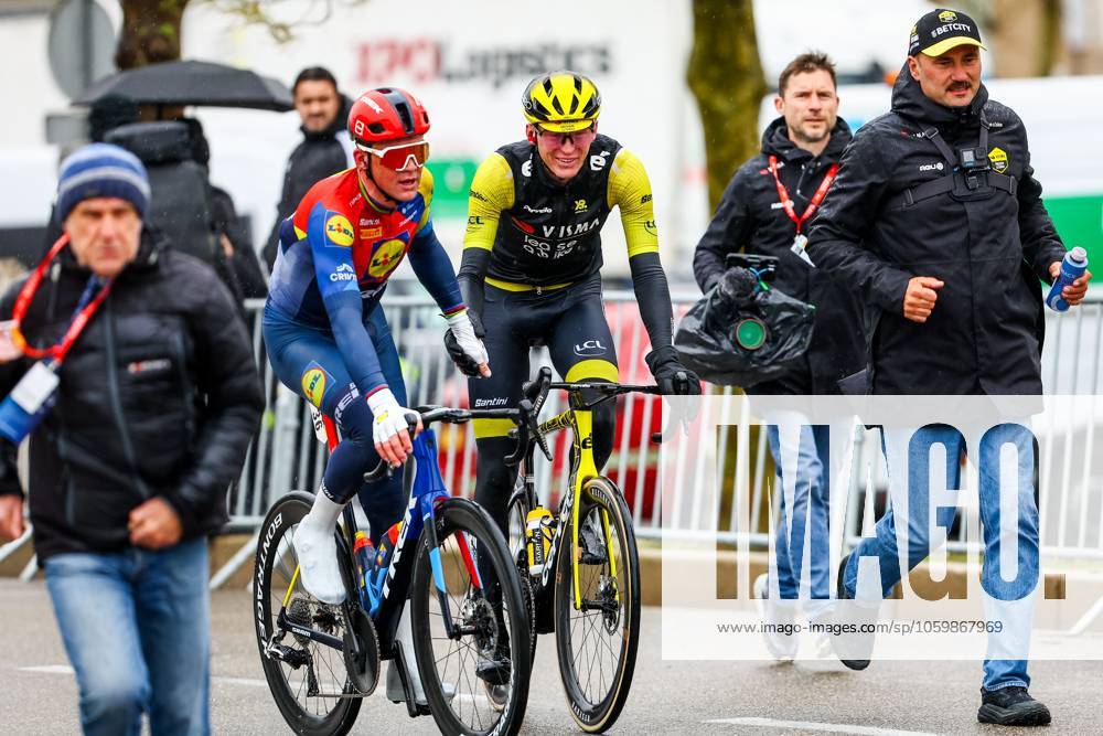 Danish Mads Pedersen of Lidl-Trek and American Matteo Jorgenson of Team Visma-Lease a Bike celebrate after stage six of the 83th edition of the Paris-Nice cycling race, 209,8 km from Saint-Julien-en-Saint-Alban to Berre l Etang, France, Friday 14 March 2025. DAVIDxPINTENS x114939632x