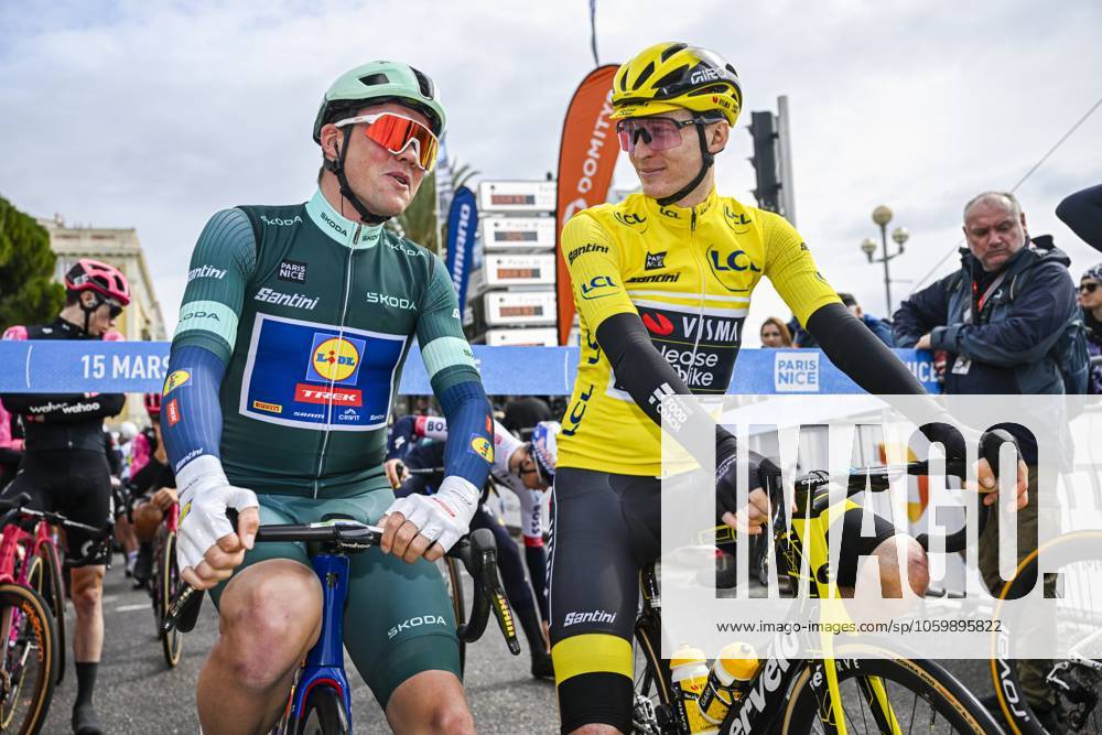 Paris - Nice 2025 - stage 7 AURON, FRANCE - MARCH 15 : Pedersen Mads (DEN) of Lidl - Trek and Jorgenson Matteo (USA) of Team Visma Lease A Bike at the start line during stage 7 of the 83th edition of the Paris - Nice cycling race, a stage of 109,3km with start in Nice and finish at Auron on March 15, 2025 in Auron, France, 15 03 2025 ( Motordriver Kenny Verfaillie - Auron France