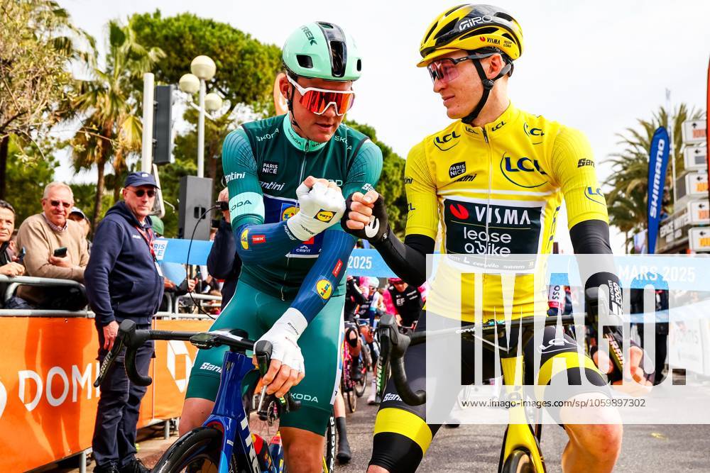 Danish Mads Pedersen of Lidl-Trek and American Matteo Jorgenson of Team Visma-Lease a Bike pictured at the start of stage seven of the 83th edition of the Paris-Nice cycling race, 147,8 km from Nice to Auron, France, Saturday 15 March 2025. DAVIDxPINTENS x114997799x