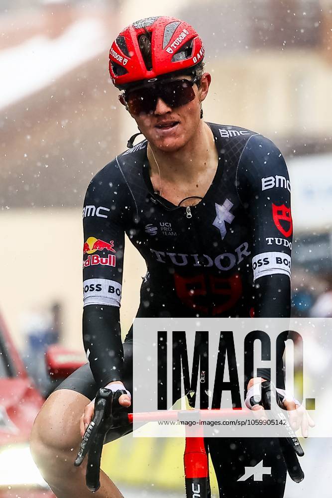 Australian Michael Storer of Tudor Pro Cycling Team celebrates as he crosses the finish line to win stage seven of the 83th edition of the Paris-Nice cycling race, 147,8 km from Nice to Auron, France, Saturday 15 March 2025. DAVIDxPINTENS x115007321x