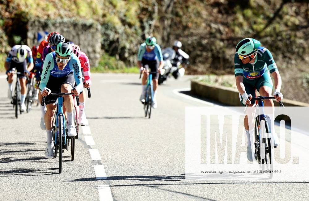 Danish Mads Pedersen of Lidl-Trek (R) wearing the green jersey of leader in the sprint ranking pictured in action during stage eight of the 83th edition of the Paris-Nice cycling race, 119,9 km from Nice to Nice, France, Sunday 16 March 2025. DAVIDxPINTENS x115094022x