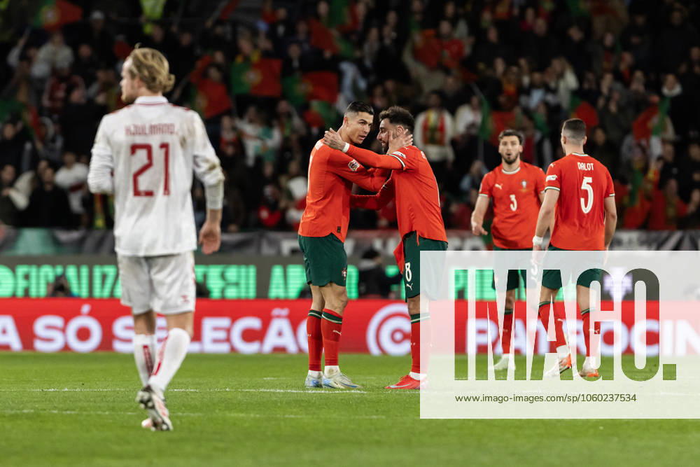 Cristiano Ronaldo (C-L) and Bruno Fernandes (C-R) of Portugal celebrate a goal during the UEFA Nations League quarter-finals 2nd leg match between Portugal and Denmark at Estadio Jose Alvalade. Lisbon Portugal - ZUMAs197 20250323_aaa_s197_346