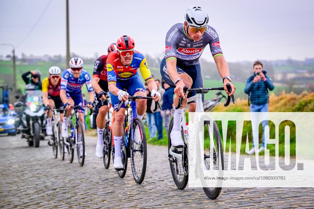 Danish Mads Pedersen of Lidl-Trek and Dutch Mathieu van der Poel of Alpecin-Deceuninck pictured in action during the E3 Saxo Bank Classic one day cycling race, 208,8 km from and to Harelbeke, on Friday 28 March 2025. DIRKxWAEM x116536907x