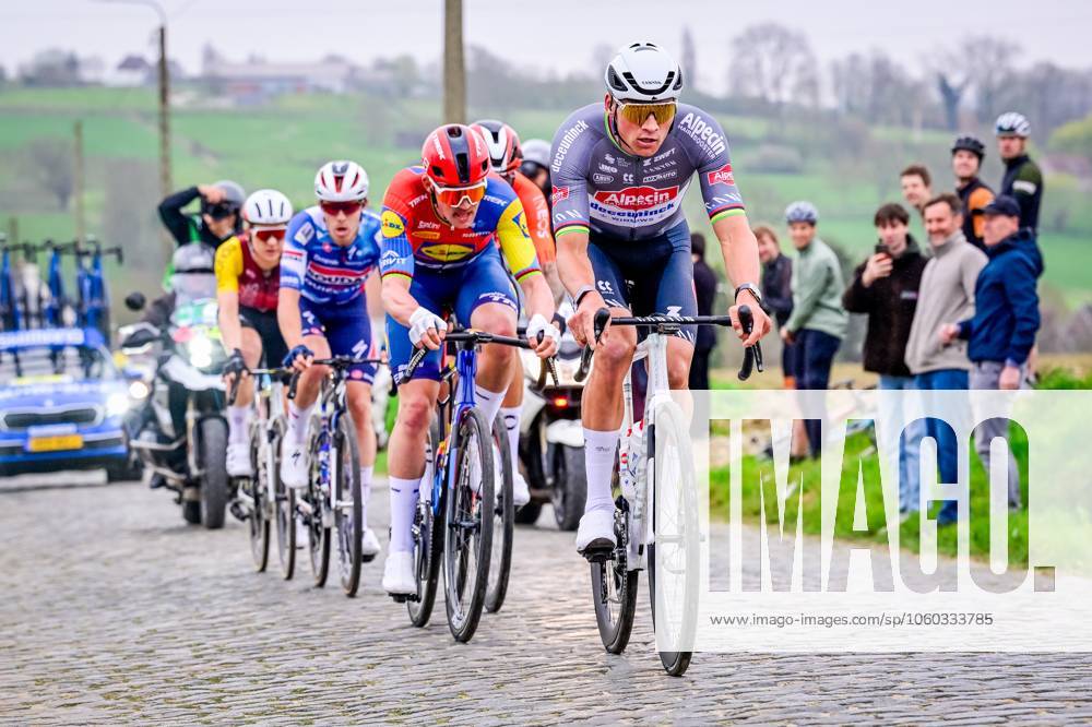 Danish Mads Pedersen of Lidl-Trek and Dutch Mathieu van der Poel of Alpecin-Deceuninck pictured in action during the E3 Saxo Bank Classic one day cycling race, 208,8 km from and to Harelbeke, on Friday 28 March 2025. DIRKxWAEM x116537066x