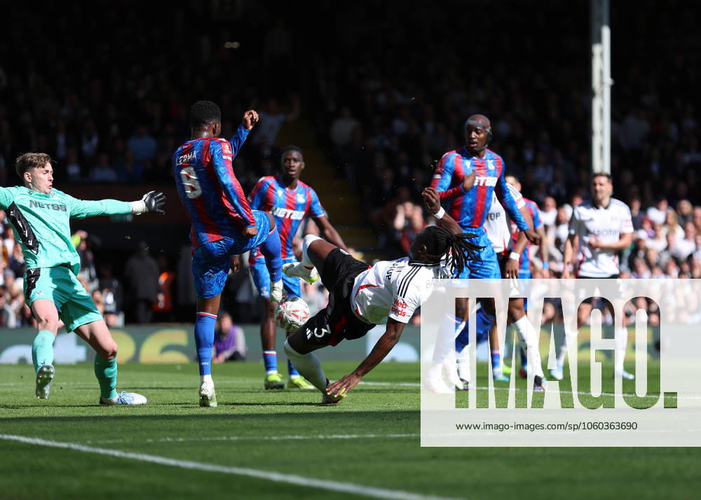 29th March 2025; Craven Cottage, Fulham, London, England; FA Cup Quarter Final Football, Fulham versus Crystal Palace; Calvin Bassey of Fulham loses his balance as he takes a shot at goal ActionPlus12767118 JohnxPatrickxFletcher Content restricted for UK based newspaper