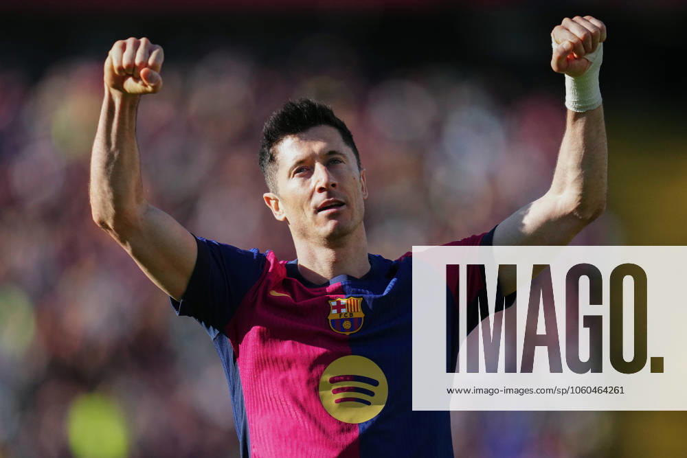 FC Barcelona, Barca Girona FC. La Liga EA Sports match. Date 29 Robert Lewandowski of FC Barcelona celebrates after scoring the 3-1 during the La Liga EA Sports match between FC Barcelona and Girona FC played at Lluis Companys Stadium on 30 March 2025 in Barcelona, Spain. kpng