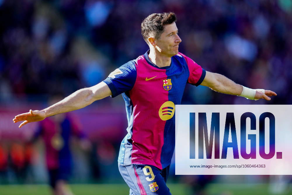 FC Barcelona, Barca Girona FC. La Liga EA Sports match. Date 29 Robert Lewandowski of FC Barcelona celebrates after scoring the 3-1 during the La Liga EA Sports match between FC Barcelona and Girona FC played at Lluis Companys Stadium on 30 March 2025 in Barcelona, Spain. kpng