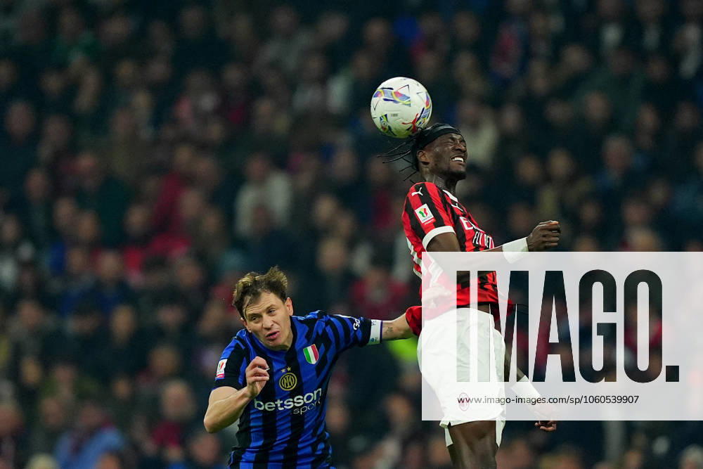 Inter MilanÕs Nicolo Barella . fights for the ball with AC Milan s Tammy Abraham during the Italy Cup Frecciarossa soccer match between Milan and Inter at San Siro Stadium in Milan , North Italy - Wednesday April 02 , 2025 . - Soccer .