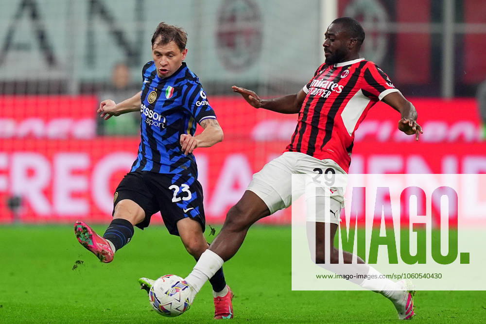 Inter MilanÕs Nicolo Barella . fights for the ball with AC Milan s Youssouf Fofana during the Italy Cup Frecciarossa soccer match between Milan and Inter at San Siro Stadium in Milan , North Italy - Wednesday April 02 , 2025 . - Soccer .